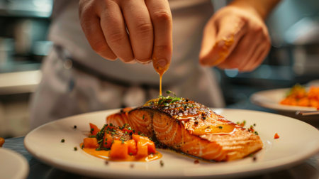 A chef garnishing a plate of grilled salmon with a drizzle of gourmet sauce, in a restaurant kitchen.の素材
