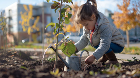 A child with a watering can, helping to water newly planted trees in a community greening project.の素材