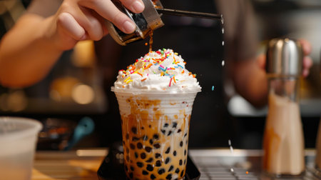 A chef garnishing bubble milk tea with whipped cream and sprinkles, adding a decorative touch.の素材