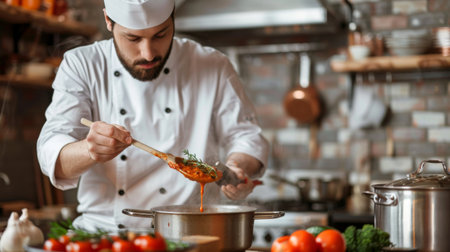 A chef tasting sauce from a wooden spoon, standing beside a simmering pot.の素材