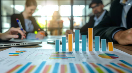 A business professional presenting a bar graph during a meeting, with colleagues watching attentively.の素材