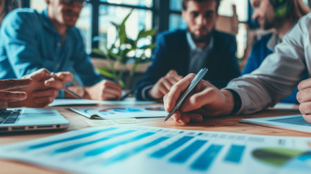 A business team brainstorming around a conference table, looking at bar graphs on a presentation slide.の素材