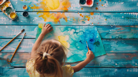 A child using watercolors to paint a picture of a sunny day, with paintbrushes and paper on a table.の素材