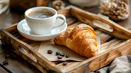 A classic French croissant served with a cup of freshly brewed coffee on a wooden breakfast tray.の素材