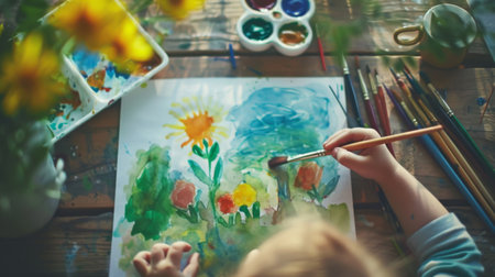A child using watercolors to paint a picture of a sunny day, with paintbrushes and paper on a table.の素材