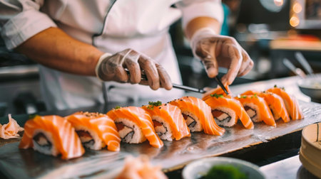 A chef preparing raw salmon sashimi slices with wasabi and soy sauce, arranged beautifully on a sushi board.の素材