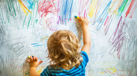 A child drawing with colorful crayons on a blank sheet of paper, expressing creativity.の素材