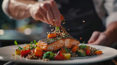 A chef plating a gourmet dish of grilled salmon with quinoa and roasted vegetables, creating a balanced meal.の素材