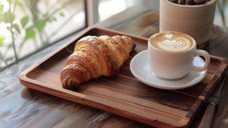 A classic French croissant served with a cup of freshly brewed coffee on a wooden breakfast tray.の素材