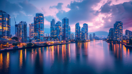 A cityscape panorama featuring tall buildings and skyscrapers along a wide river during twilight.の素材
