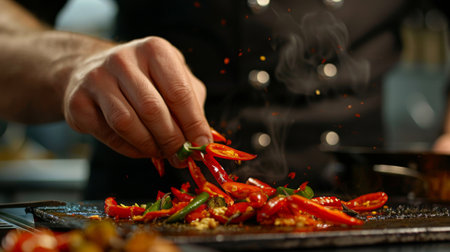 A chef garnishing a gourmet dish with sliced red chili peppers for added heat and visual appeal.の素材