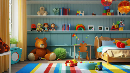 A child's bedroom decorated with colorful toys, books on shelves, and a playful theme.の素材
