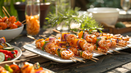 A barbecue event with grilled shrimp skewers and assorted grilled vegetables on a festive outdoor table.の素材