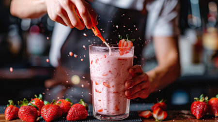 A bartender blending strawberries with ice and yogurt to prepare a creamy strawberry smoothie.の素材