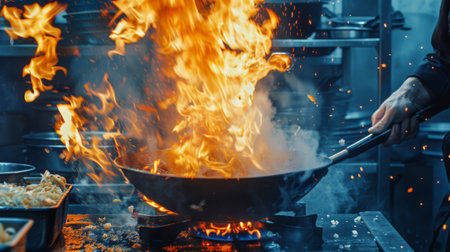 A chef tossing ingredients in a wok over high heat, flames and motion captured mid-air.の素材
