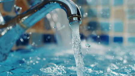 A close-up of a faucet handle being turned, with water starting to flow out.の素材