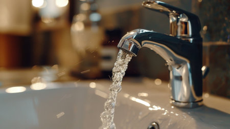 A close-up of a faucet handle being turned, with water starting to flow out.の素材