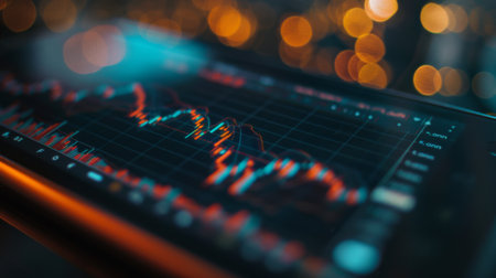 A close-up of a fluctuating stock market graph on a digital tablet screen, showing rising and falling trends.の素材