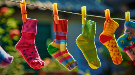 A close-up of colorful socks and underwear hanging on a clothesline, swaying in the wind.の素材