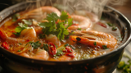 A close-up of a steaming bowl of Tom Yum Goong soup with shrimp, lemongrass, and chili peppers, garnished with cilantro.の素材