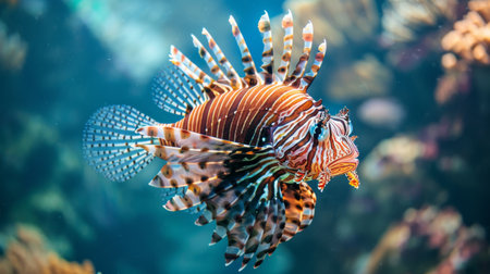 A close-up of a lionfish with its striking pattern and poisonous spines, swimming gracefully in the sea.の素材