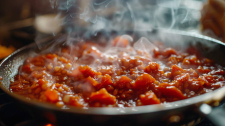 A close-up of a pan with bubbling tomato sauce, ready to be served over pasta.の素材