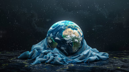 A conceptual illustration of Earth wrapped in a greenhouse gas blanket, symbolizing the trapping of heat due to global warming.の素材