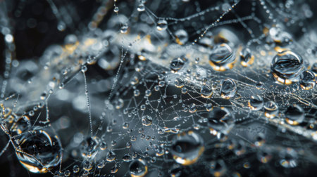 A close-up of water droplets on a web of threads, capturing the delicate balance of tension and nature's beauty.の素材