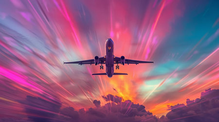 A commercial airplane taking off into a colorful sunset sky, leaving streaks of clouds behind.の素材