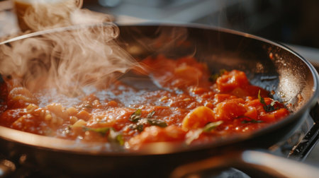 A close-up of a pan with bubbling tomato sauce, ready to be served over pasta.の素材