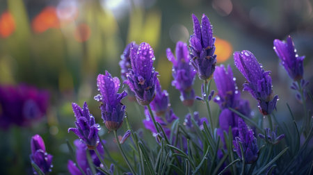 A cluster of purple lavender flowers covered in morning dew, with blurred garden background.の素材