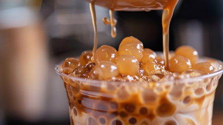 A close-up of tapioca pearls being scooped into a cup of freshly brewed bubble milk tea.の素材