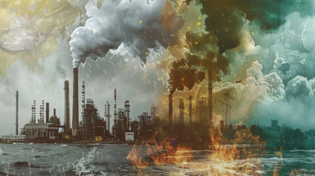 A collage of industrial pollution sources juxtaposed with images of natural disasters linked to global warming.の素材