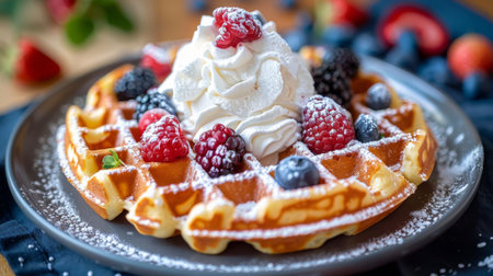 A delicious Belgian waffle topped with whipped cream, berries, and a dusting of powdered sugar.の素材