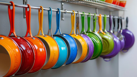 A colorful array of pots and pans hanging from a rack in a modern kitchen.の素材