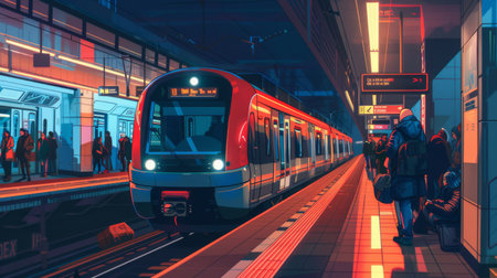 A commuter train arriving at a station platform, with passengers waiting to board.の素材