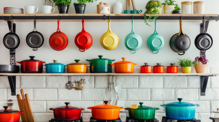 A colorful array of pots and pans hanging from a rack in a modern kitchen.の素材