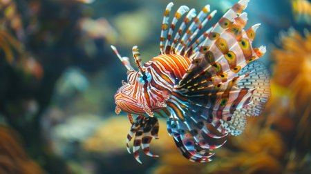 A close-up of a lionfish with its striking pattern and poisonous spines, swimming gracefully in the sea.の素材
