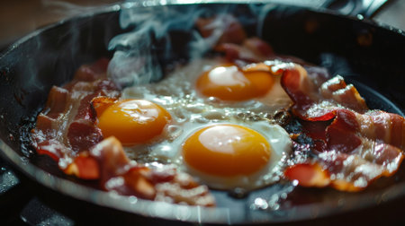 A detailed shot of a pan with sizzling bacon and eggs cooking for breakfast.の素材