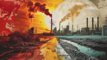 A collage of industrial pollution sources juxtaposed with images of natural disasters linked to global warming.の素材