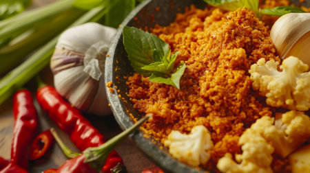 A close-up of Thai red curry paste with ingredients including chili peppers, lemongrass, and garlic.の素材