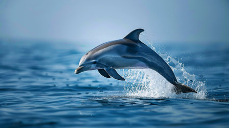 A dolphin breaching the surface of the ocean with a dramatic splash, captured in mid-jump.の素材