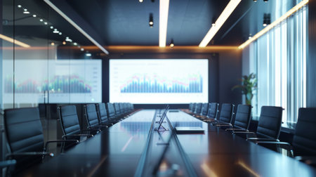 A conference room with a large screen displaying an interactive graph presentation.の素材