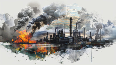 A collage of industrial pollution sources juxtaposed with images of natural disasters linked to global warming.の素材