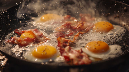 A detailed shot of a pan with sizzling bacon and eggs cooking for breakfast.の素材