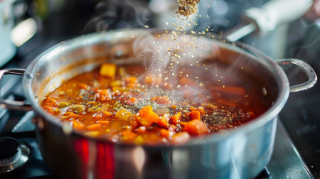A detailed shot of spices being added to a bubbling pot of soup on the stove.の素材