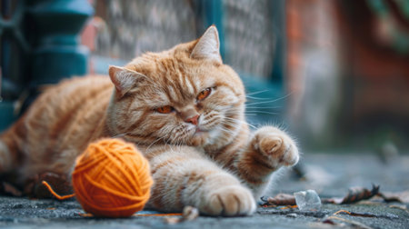 A corpulent cat playing with a ball of yarn, pawing at it energetically.の素材