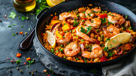 A colorful seafood paella dish served in a traditional pan, garnished with lemon wedges and fresh herbs.の素材