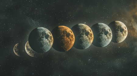A digital artwork of the moon phases, illustrating its different stages from new moon to full moon.の素材