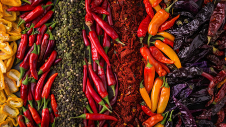 A colorful array of assorted dried chili peppers, including ancho, guajillo, and chipotle varieties.の素材